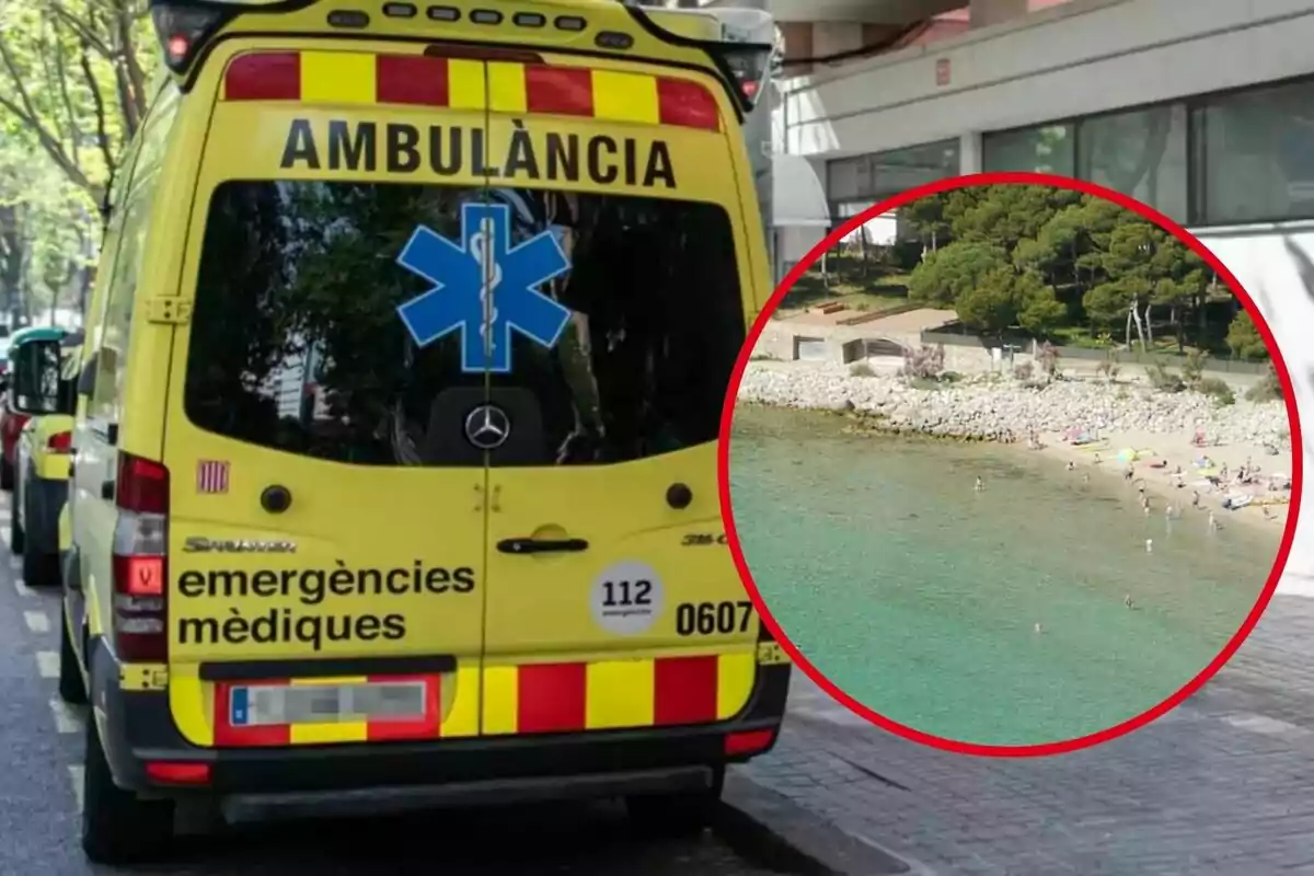 Una ambulancia amarilla con la inscripción "emergències mèdiques" está estacionada en una calle, y en un círculo rojo se muestra una playa con personas disfrutando del agua y la arena.