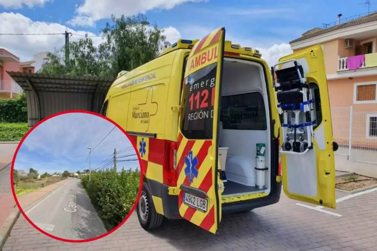 Montaje de una ambulancia de la Región de Murcia abierta y el camino Carcanox en Alquerías