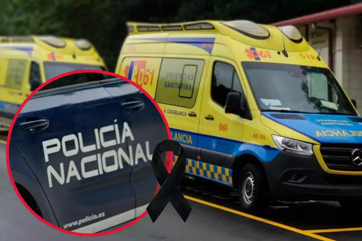 Una ambulancia amarilla y azul con el logo de Urxencias Sanitarias 061 está estacionada, y en un recuadro se muestra un vehículo de la Policía Nacional; en el centro de la imagen hay un lazo negro.