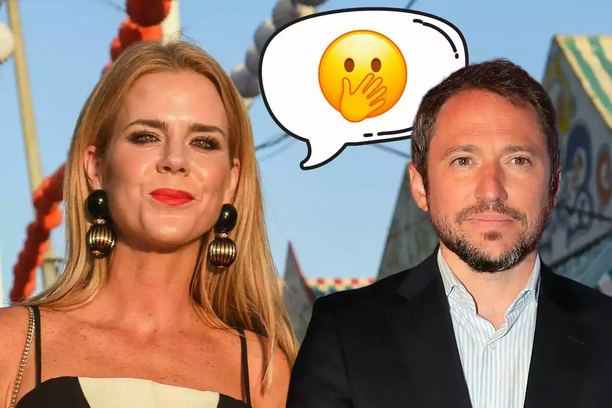 Amelia Bono y Manuel Martos posan juntos al aire libre, con un emoji de sorpresa en un globo de diálogo sobre ellos.