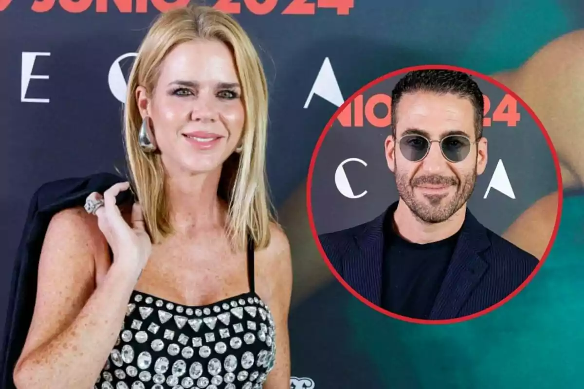 Amelia Bono con un vestido negro adornado con piedras brillantes posa frente a un fondo promocional, mientras que Miguel Ángel Silvestre con gafas de sol y barba aparece en un círculo rojo superpuesto a la imagen.