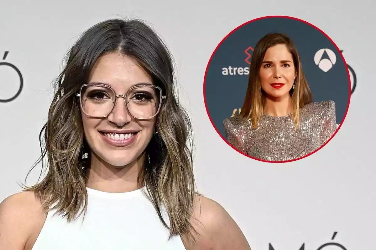 Ana Guerra con gafas y cabello suelto sonríe a la cámara, mientras que en un círculo rojo en la esquina superior derecha se muestra a Natalia Sánchez con un vestido brillante y labios rojos.