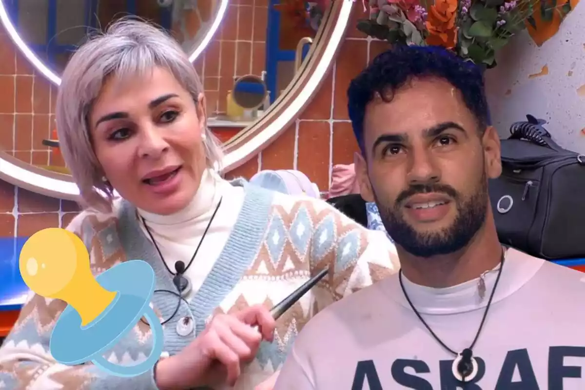 Montaje con Ana María Aldón hablando con un jersey de cuello alto y Asraf Beno con un jersey con su nombre de 'GH Dúo' y un chupete