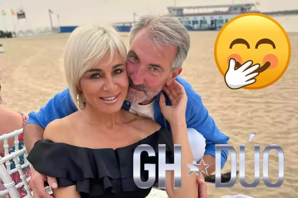 Montaje con Ana María Aldón y Eladio sonriendo en la playa, el logo de 'GH DÚO' y un emoji vergonzoso