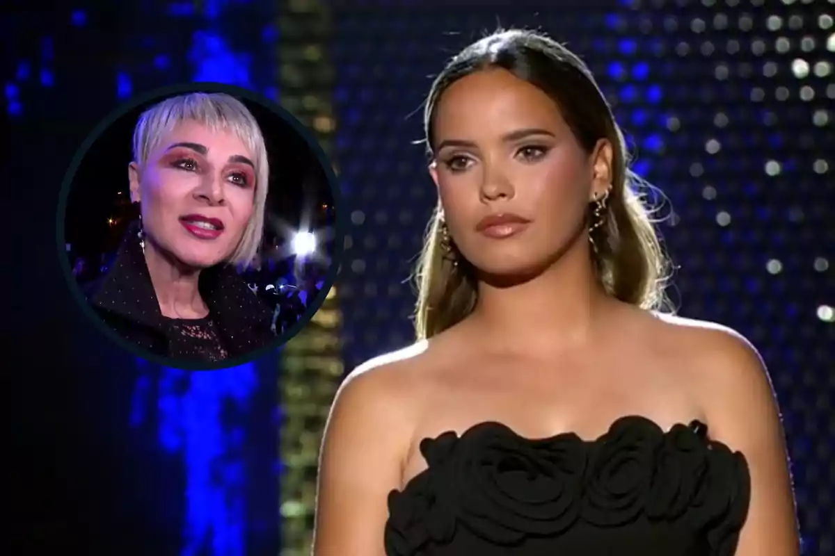 Montaje con Gloria Camila, con rostro serio y escote palabra de honor, y Ana María Aldón, sonriente dentro de un círculo negro Montaje con Gloria Camila, con rostro serio y escote palabra de honor, y Ana María Aldón, sonriente dentro de un círculo negro