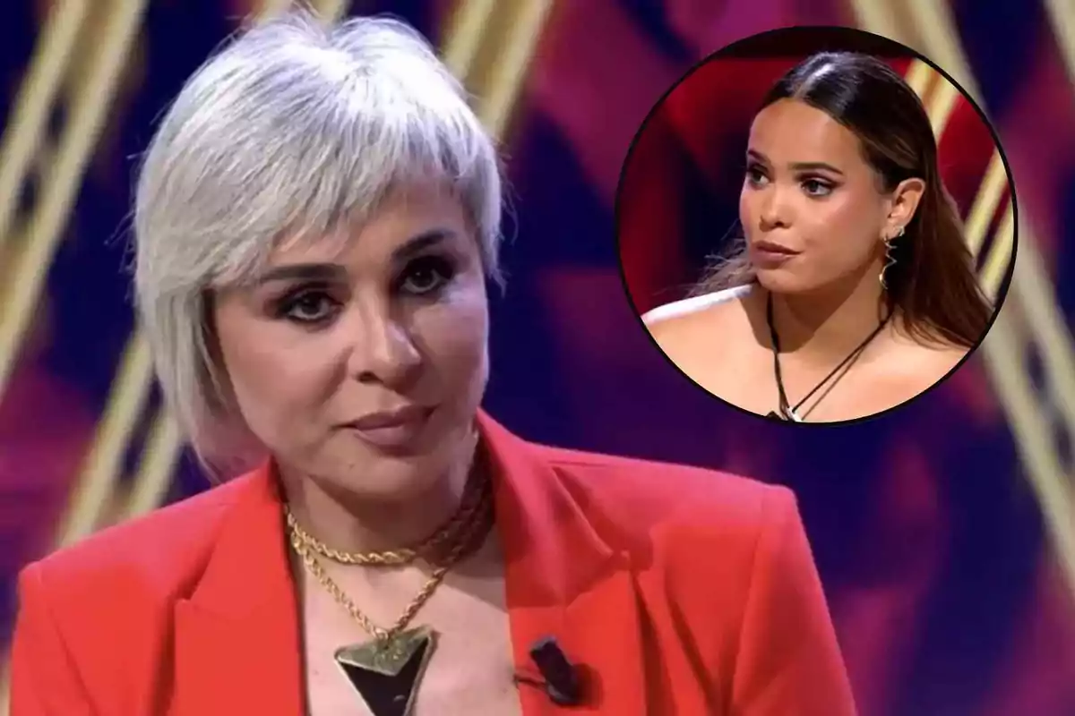 Ana María Aldón y Gloria Camila en un programa de televisión, una con cabello corto y rubio y otra con cabello largo y oscuro en un recuadro circular. Ana María Aldón y Gloria Camila en un programa de televisión, una con cabello corto y rubio y otra con cabello largo y oscuro en un recuadro circular.