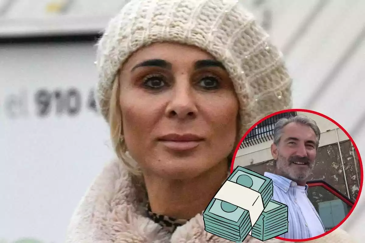 Montaje de primer plano de Ana María Aldón con un gorro de lana, Eladio sonriendo y dinero