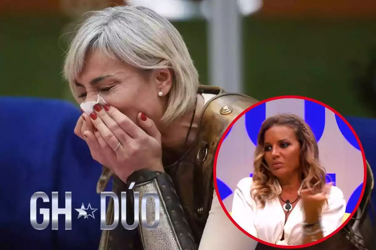 Montaje de 'GH Dúo' con Ana María Aldón llorando con un pañuelo en la nariz, Marta López mirando a un lado con la mano arriba y el logo del programa