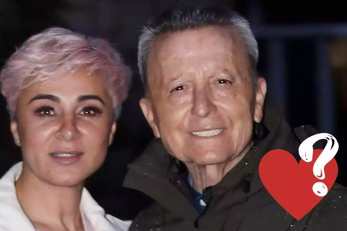 Montaje de Ana María Aldón sonriendo con el pelo corto y rosa junto a José Ortega Cano sonriendo con un abrigo marrón y un corazón rojo con un interrogante blanco encima