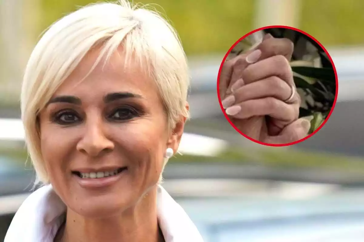 Montaje con un primer plano de Ana María Aldón sonriendo con el pelo corto y su mano con un anillo dorado