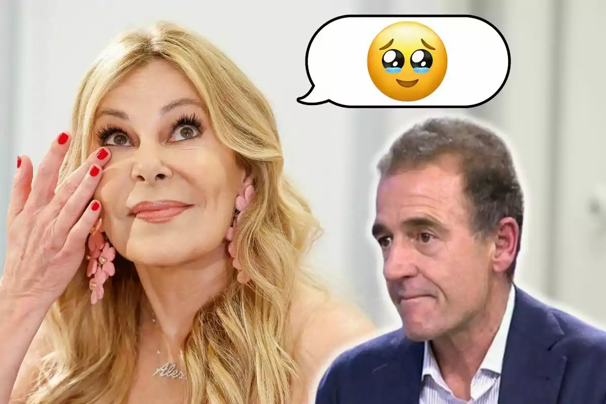 Ana Obregón con expresión emotiva se toca el rostro mientras Alessandro Lequio la observa; hay un emoji de ojos llorosos en un globo de diálogo.