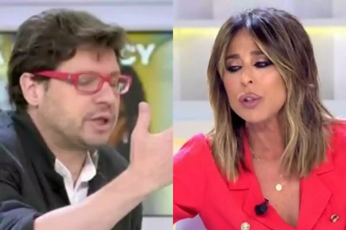 El colaborador Fernando Berlín con la mano señalando a la izquierda con Ana Terradillos enfadada hablando a la derecha, ambos en La Mirada Crítica.