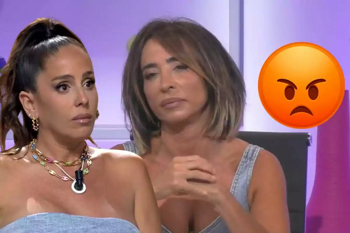 Anabel Pantoja y María Patiño con expresiones serias y un emoji de enojo en el fondo.