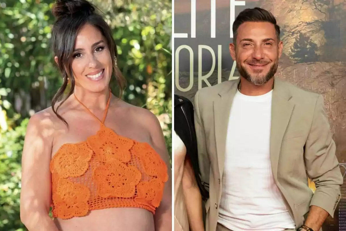 Anabel Pantoja con un top naranja sonríe al aire libre mientras Antonio David Flores con chaqueta beige y camiseta blanca sonríe en un evento. Anabel Pantoja con un top naranja sonríe al aire libre mientras Antonio David Flores con chaqueta beige y camiseta blanca sonríe en un evento.