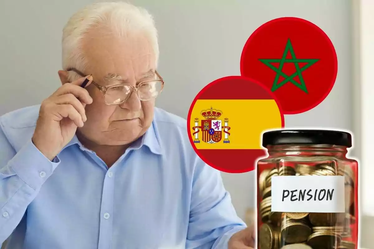 Hombre mayor con gafas y camisa azul mirando documentos, con las banderas de España y Marruecos y un frasco de monedas etiquetado como "Pension".