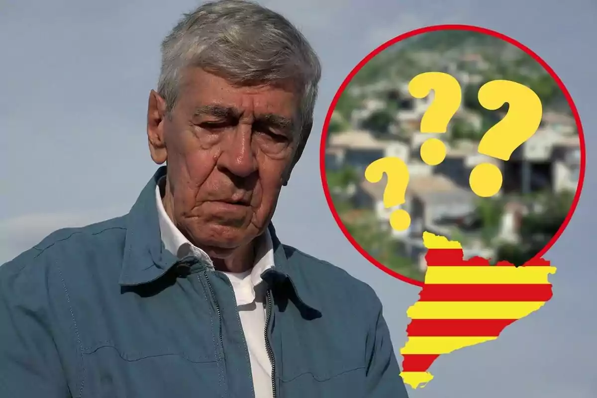 Un hombre mayor con expresión seria, con un círculo que contiene signos de interrogación y una silueta de Cataluña con la bandera catalana.