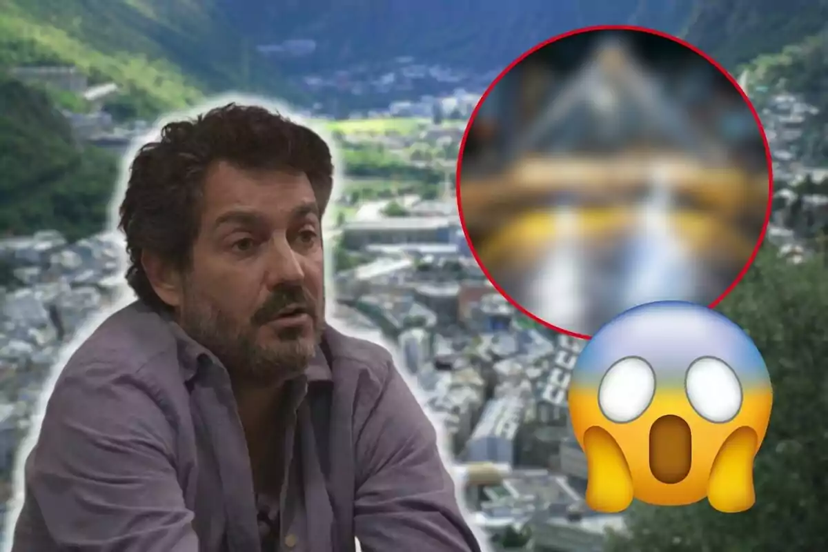 Marc Cartes con barba y cabello oscuro aparece en primer plano con una expresión seria, mientras que en el fondo se ve un paisaje montañoso y Andorra la Vella; además, hay un círculo borroso resaltado y un emoji de cara sorprendida en la esquina inferior derecha.