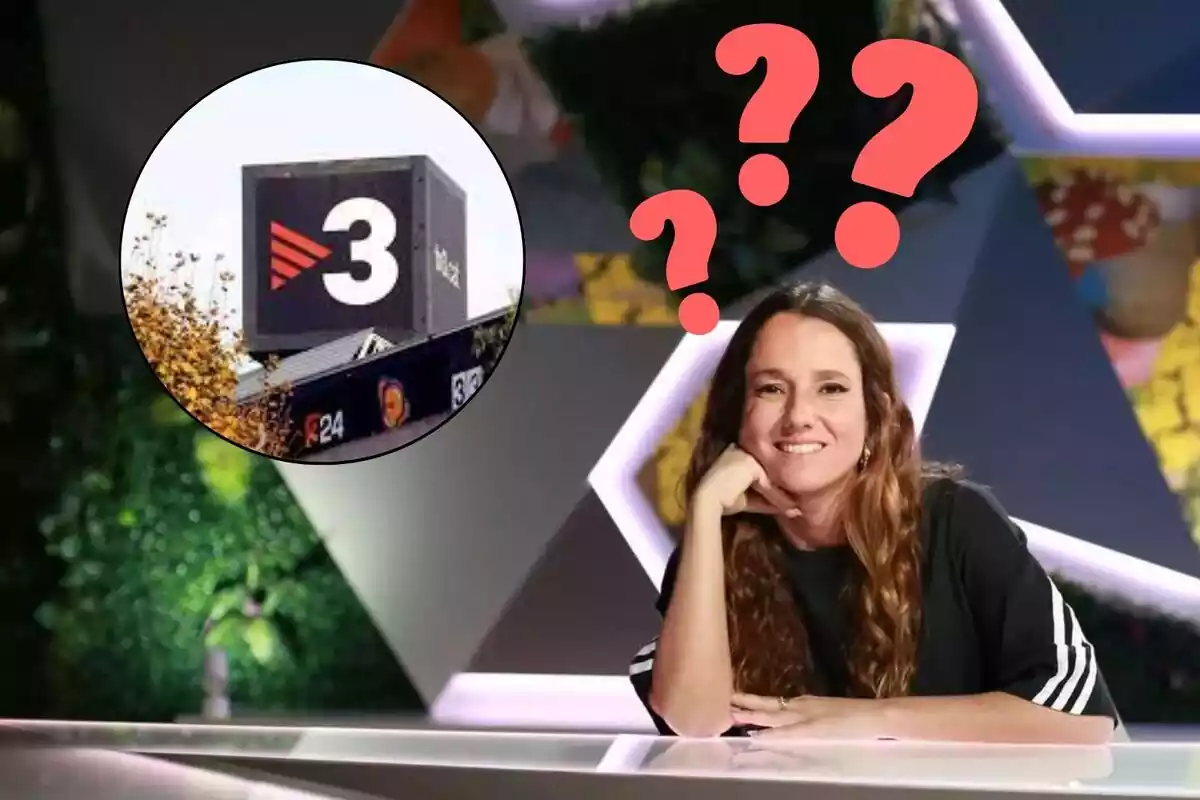 Andrea Gumes junto al logo de Tv3 y unos interrogantes encima de su cabeza, fondo desenfocado de un plató.