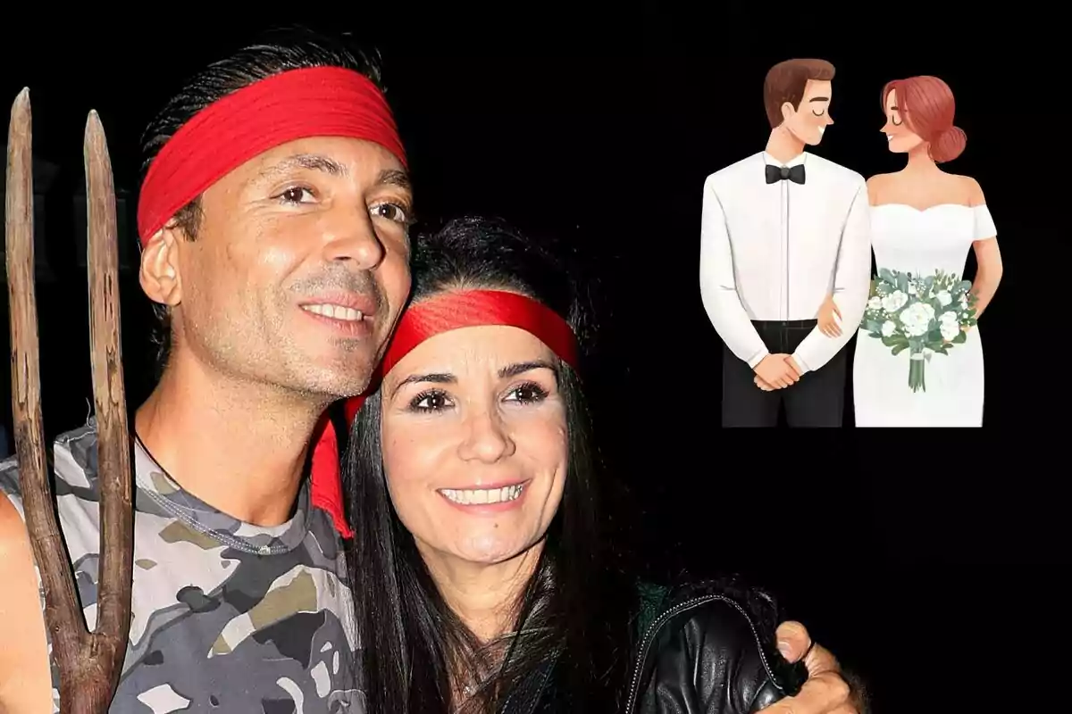 Ángel Cristo y Ana Herminia sonriente con cintas rojas en la cabeza, el hombre sostiene una horca y al fondo hay una ilustración de una pareja de novios.