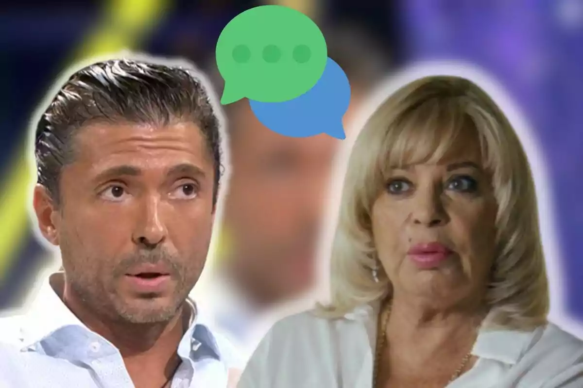 Ángel Cristo y Bárbara Rey en una conversación con íconos de burbujas de diálogo superpuestos.