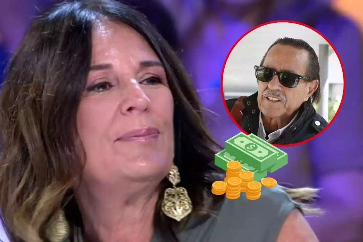 Montaje de Ángela Portero en televisión seria al lado de un recorte de la cara de Julián Muñoz con gafas de sol en la calle y un emoji de billetes y monedas