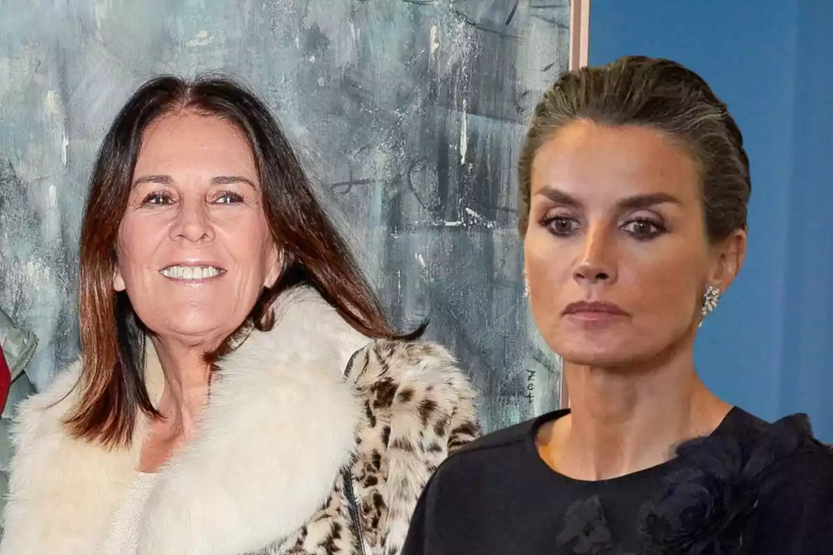 Montaje con Ángela Portero sonriendo con una chaqueta de piel y Letizia seria con la mirada abajo