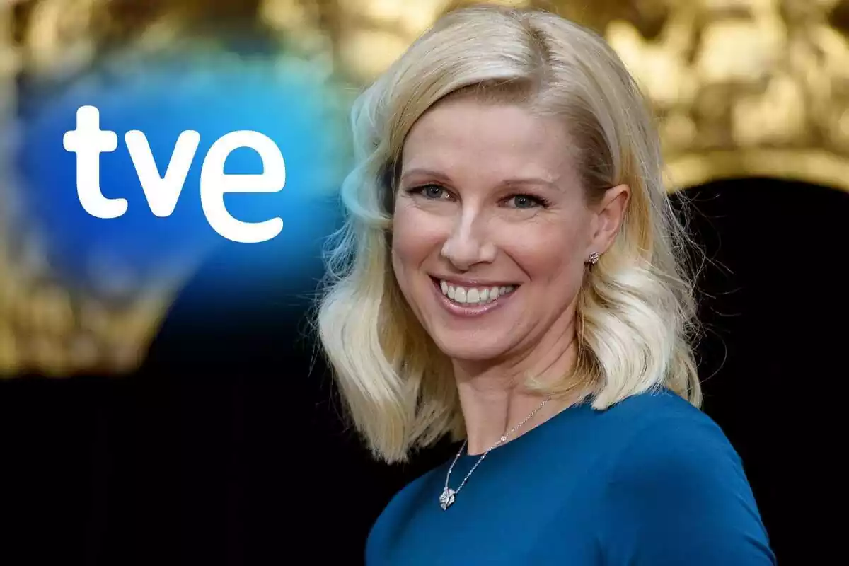 Montaje con Anne Igartiburu sonriendo con un vestido azul y el logo de TVE