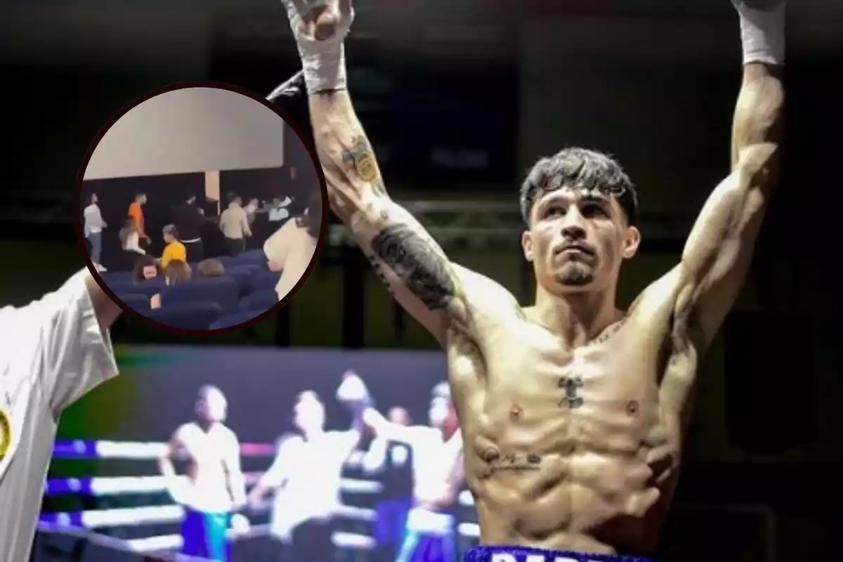 Montaje de Antonio Barrul siendo campeón en un combate de boxeo con el traje deportivo y un recorte del video donde se pelea con un agresor en un cine