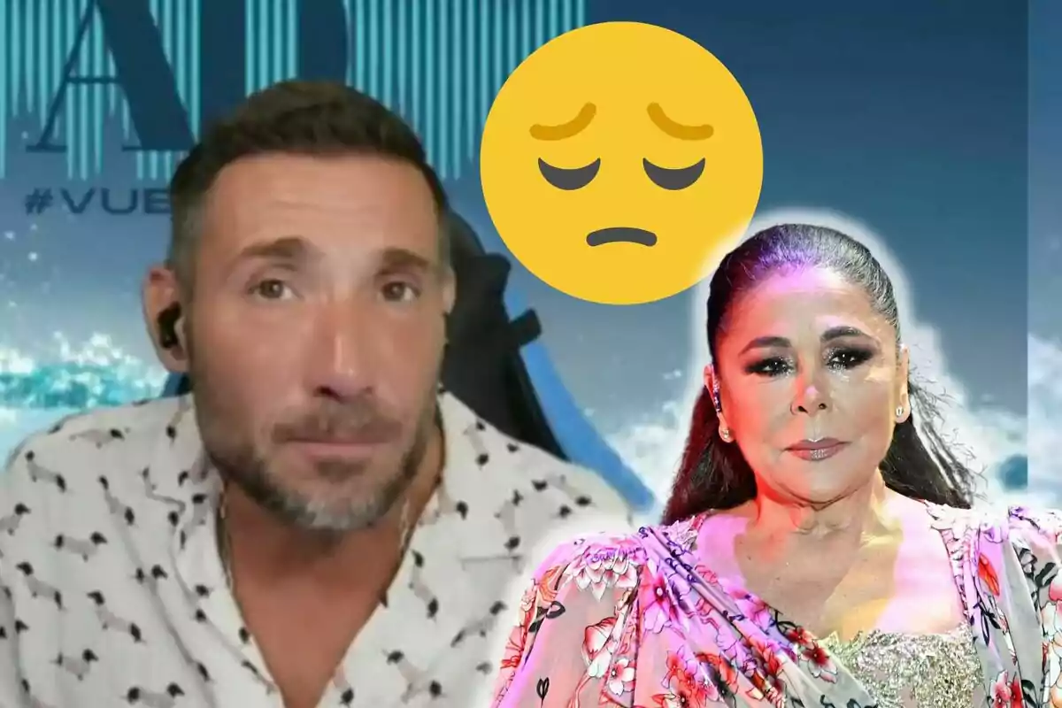 Antonio David Flores con camisa blanca de lunares y Isabel Pantoja con vestido floral aparecen en la imagen, con un emoji de cara triste sobre ellos y un fondo azul.