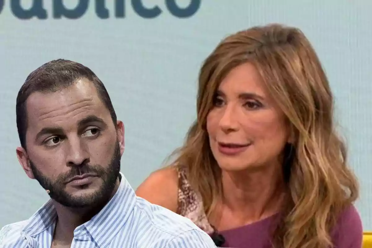 Antonio Tejado y Gema López en un programa de televisión, una mujer con cabello largo y ondulado y un hombre con barba y camisa a rayas.