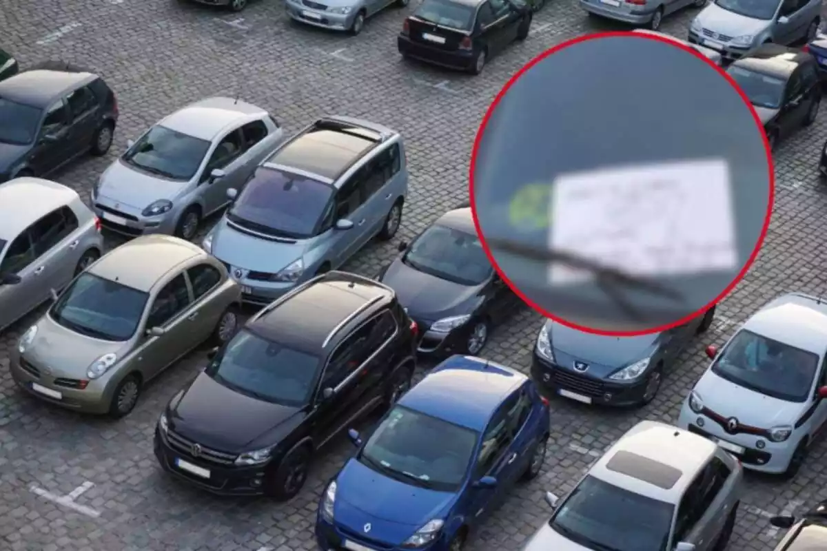 Montaje de un aparcamiento con coches aparcado y un papel en el cristal delantero de un coche desenfocado