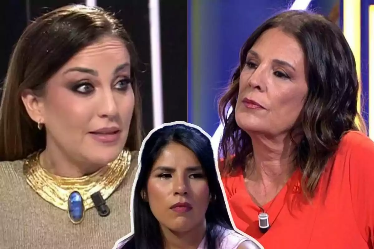 Beatriz Archidona a punto de hablar a la derecha con Ángela Portero con expresión seria a la derecha e Isa Pantoja llorando en el centro de la imagen, todas en De Viernes.