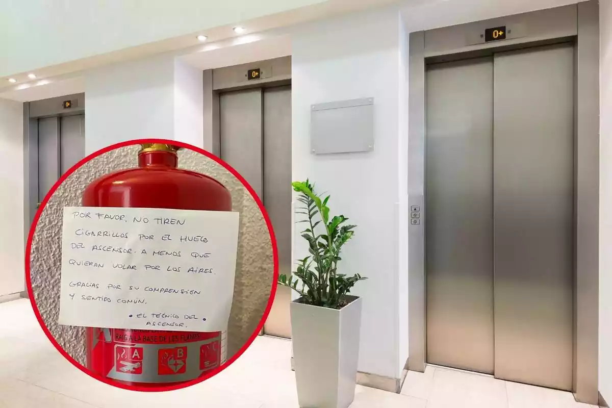 Montaje con tres ascensores y un círculo con la nota viral escrita en un papel y pegada en un extintor