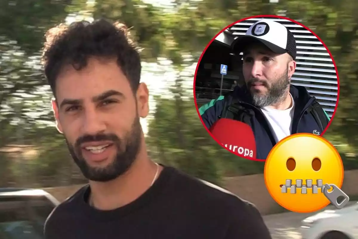 Montaje de Asraf Beno sonriendo con una camiseta negra, Kiko Rivera serio con una gorra blanca y negra y un emoji con una cremallera en la boca