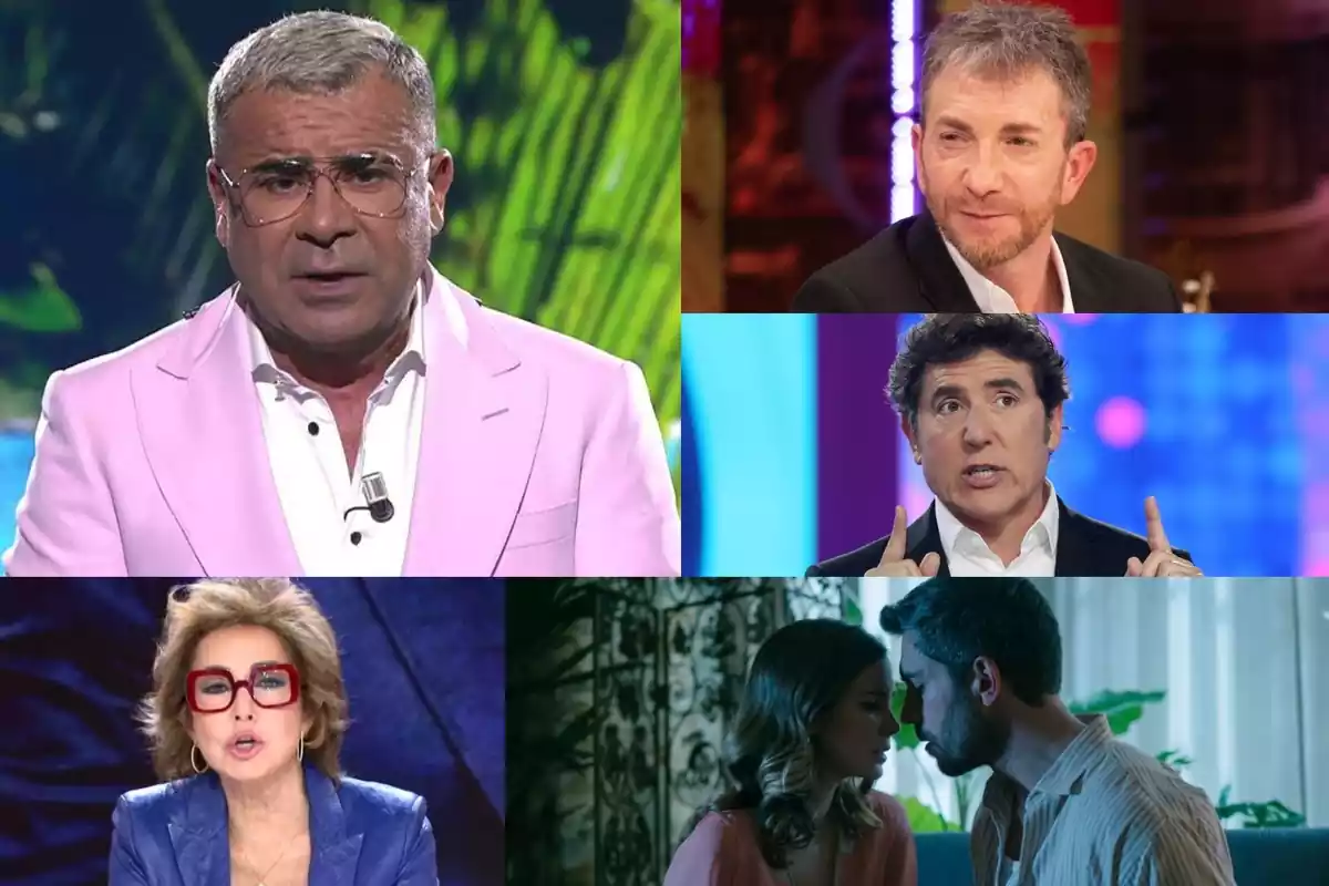 Montaje de los presentadores de Telecinco y Antena 3: Jorge Javier Vázquez en Supervivientes, Ana Rosa en TardeAR, Pablo Motos en El Hormiguero, Manel Fuentes en Tu Cara Me Suena y Natalia Sánchez y Dani Tatay besándose en Sueños de Libertad