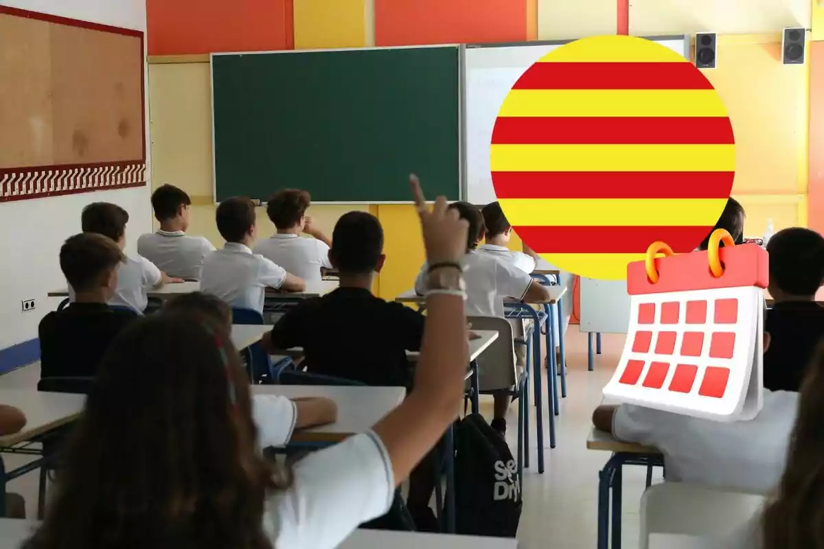 Estudiantes en un aula con una pizarra verde y un calendario y una bandera catalana superpuestos.