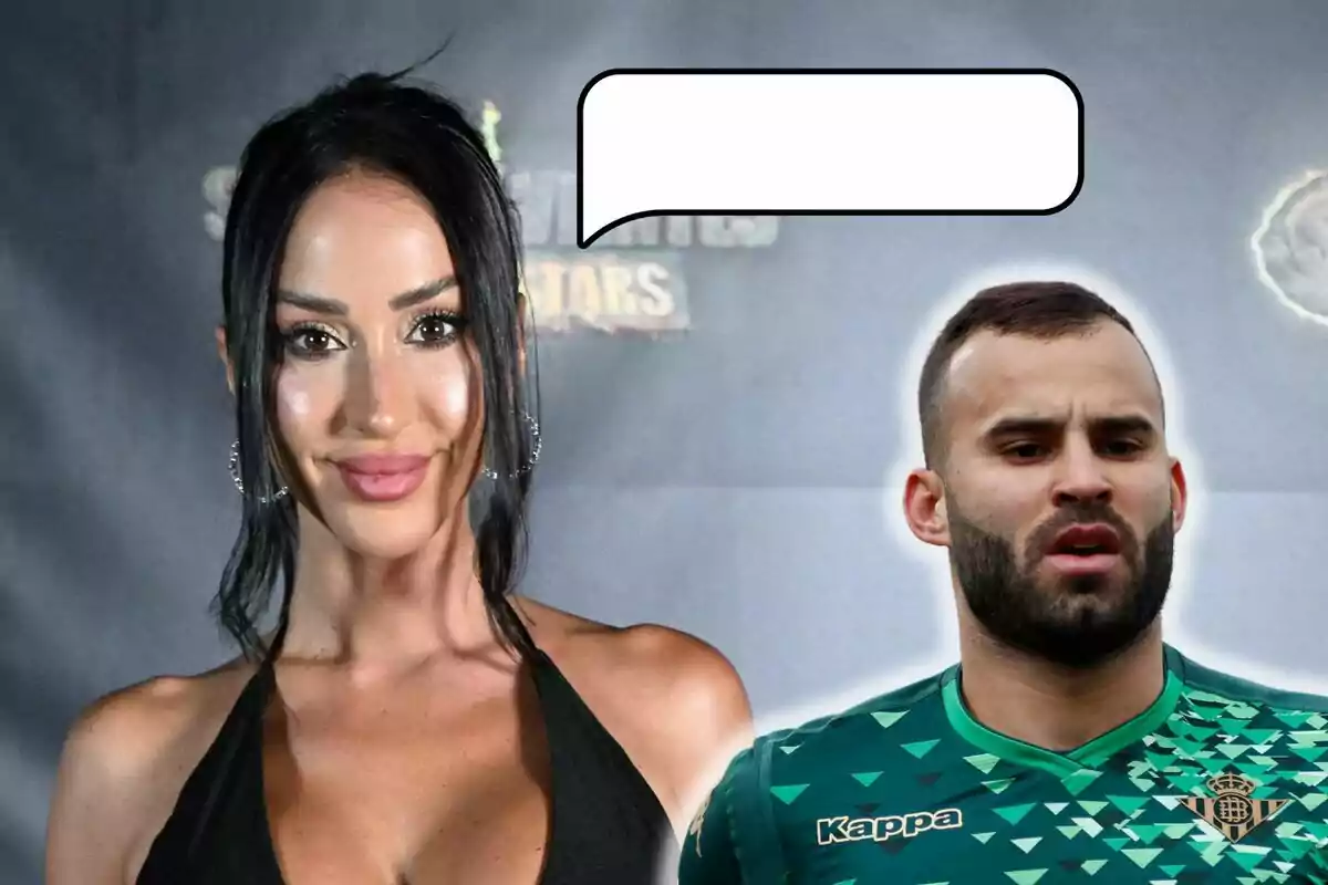 Montaje de Aurah Ruiz sonriendo con tirantes negros, Jesé Rodríguez con la camiseta del Real Betis y un icono de mensaje