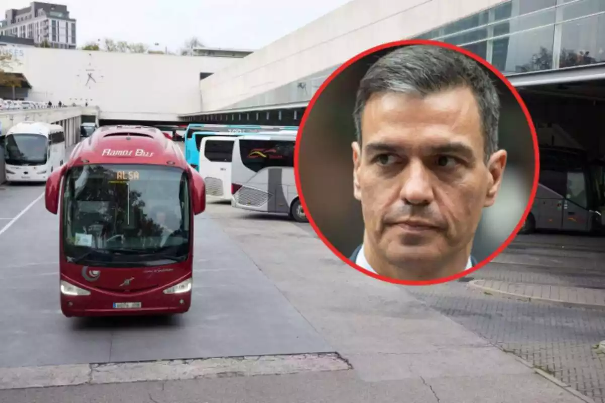Montaje con Pedro Sánchez y unos autobuses en una estación