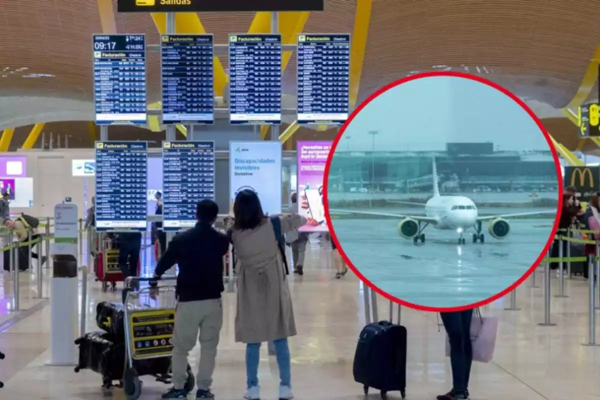 Montaje con pasajeros esperando su vuelo en el Aeropuerto del Prat y un avión