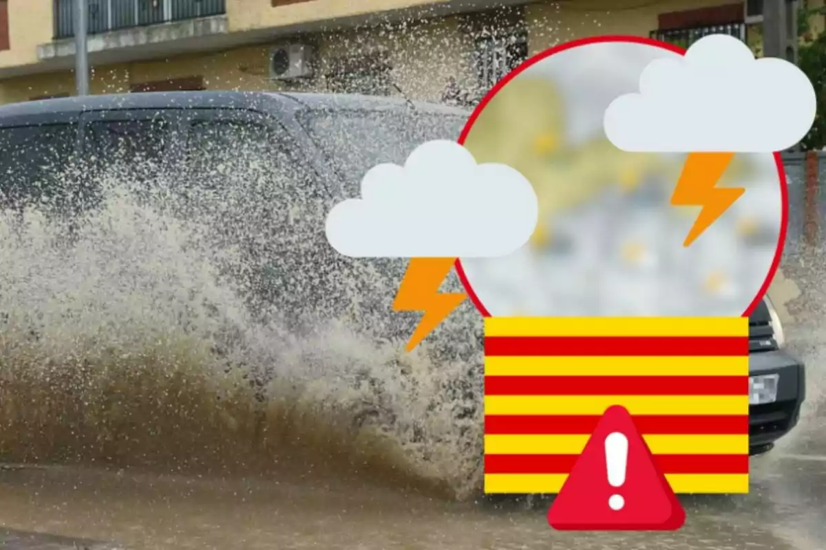 Un coche salpicando agua en una calle inundada con un gráfico de advertencia meteorológica que muestra nubes y rayos.