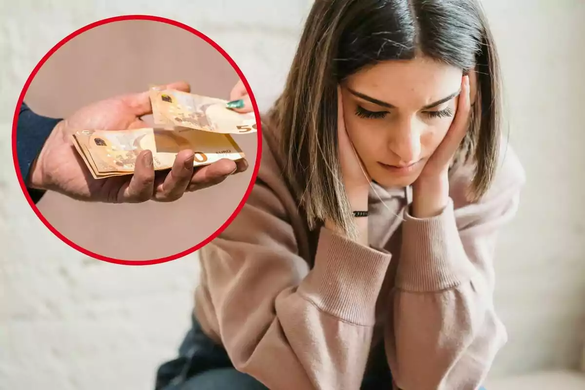 Una mujer con expresión preocupada sostiene su cabeza con las manos, mientras en un círculo rojo se muestra una mano entregando billetes de euro.