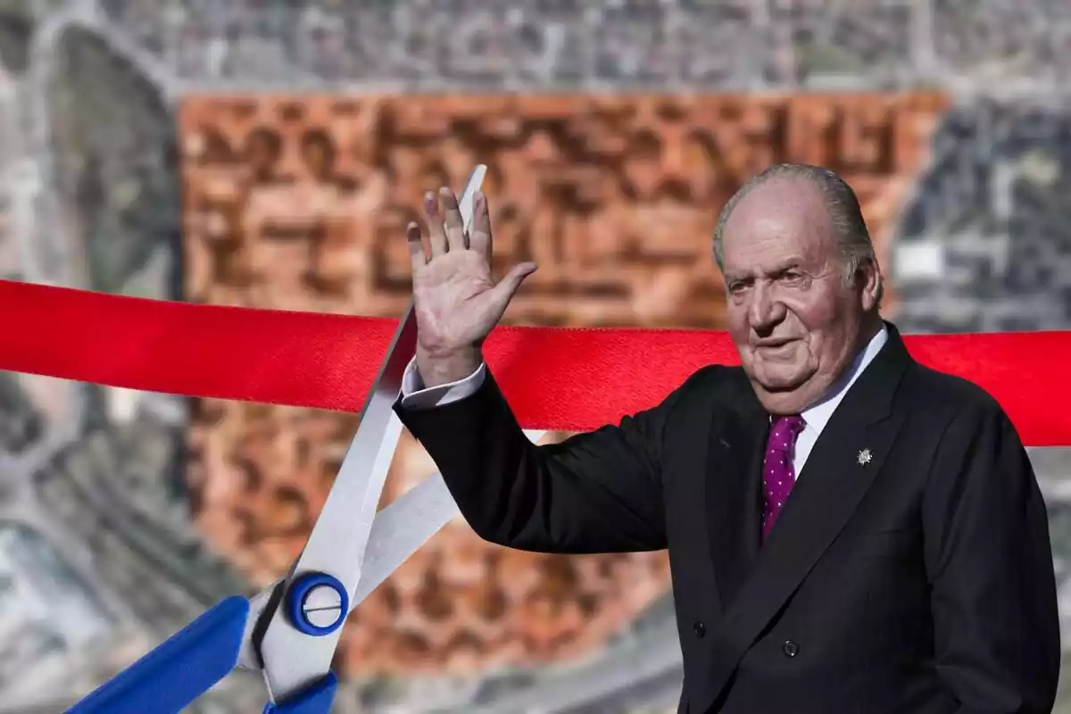 Montaje silueta de Badía del Vallés difuminada con Juan Carlos inaugurando y tijeras cortando la cinta inaugurativa
