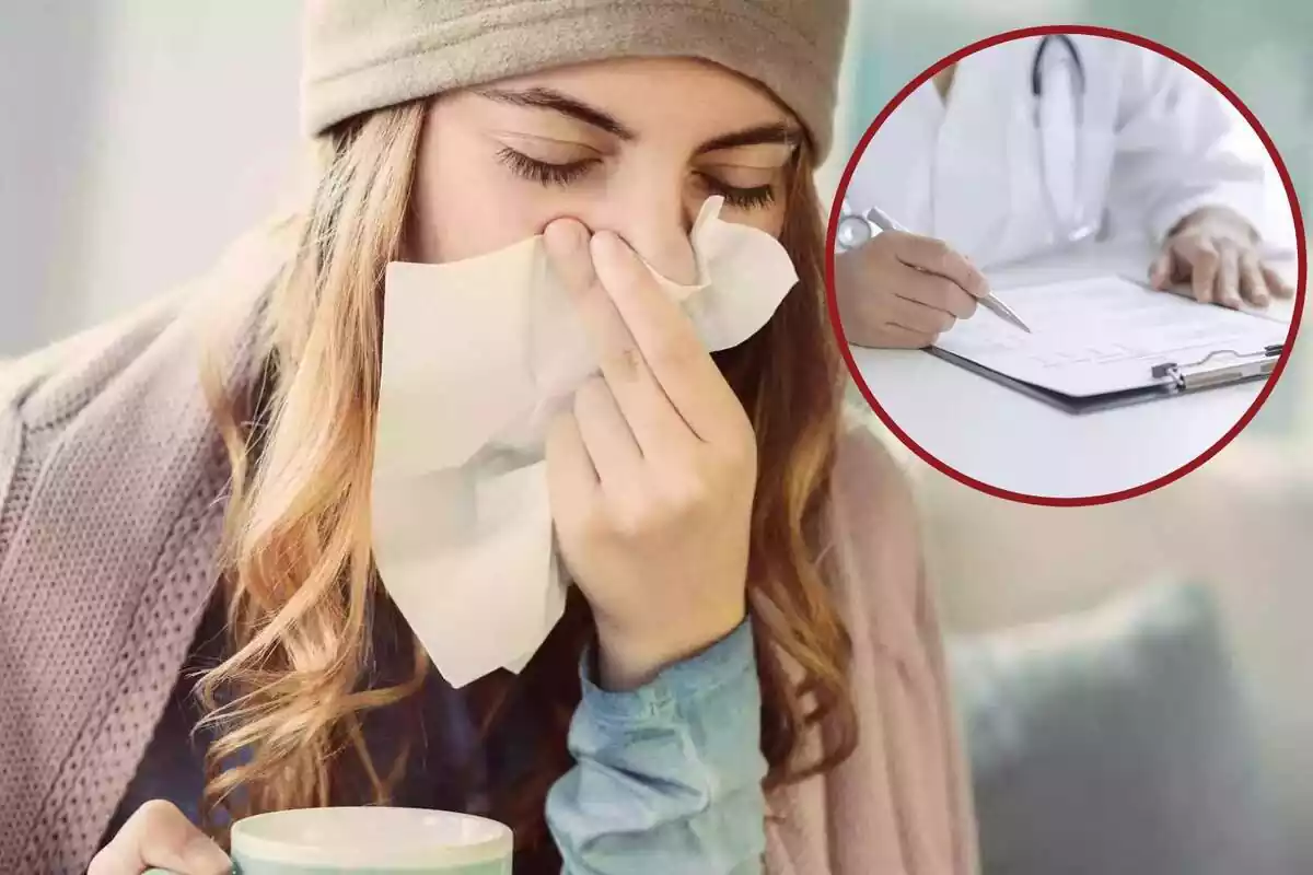Una mujer con gripe se suena la nariz, y en el círculo, un médico