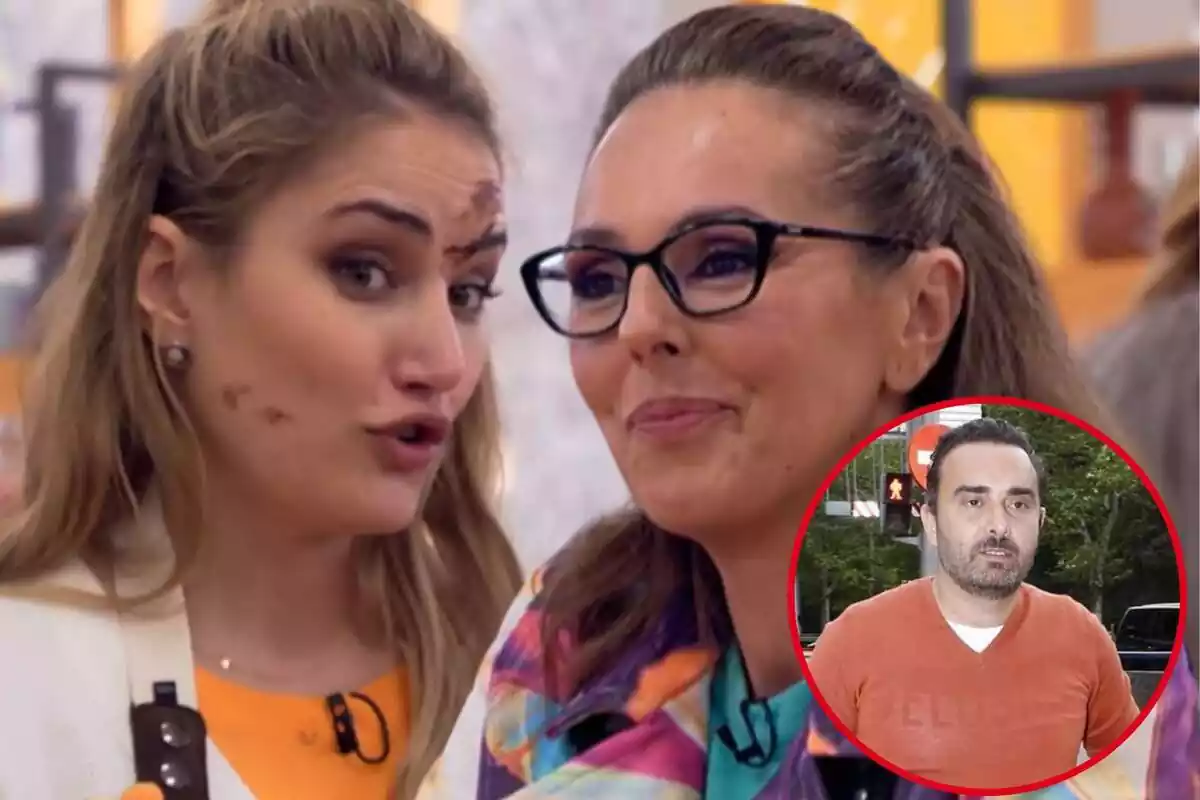 Montaje de Alba Carrillo manchada de chocolate y Rocío Carrasco con gafas negras en 'Bake Off' y Fidel Albiac con un jersey rojo