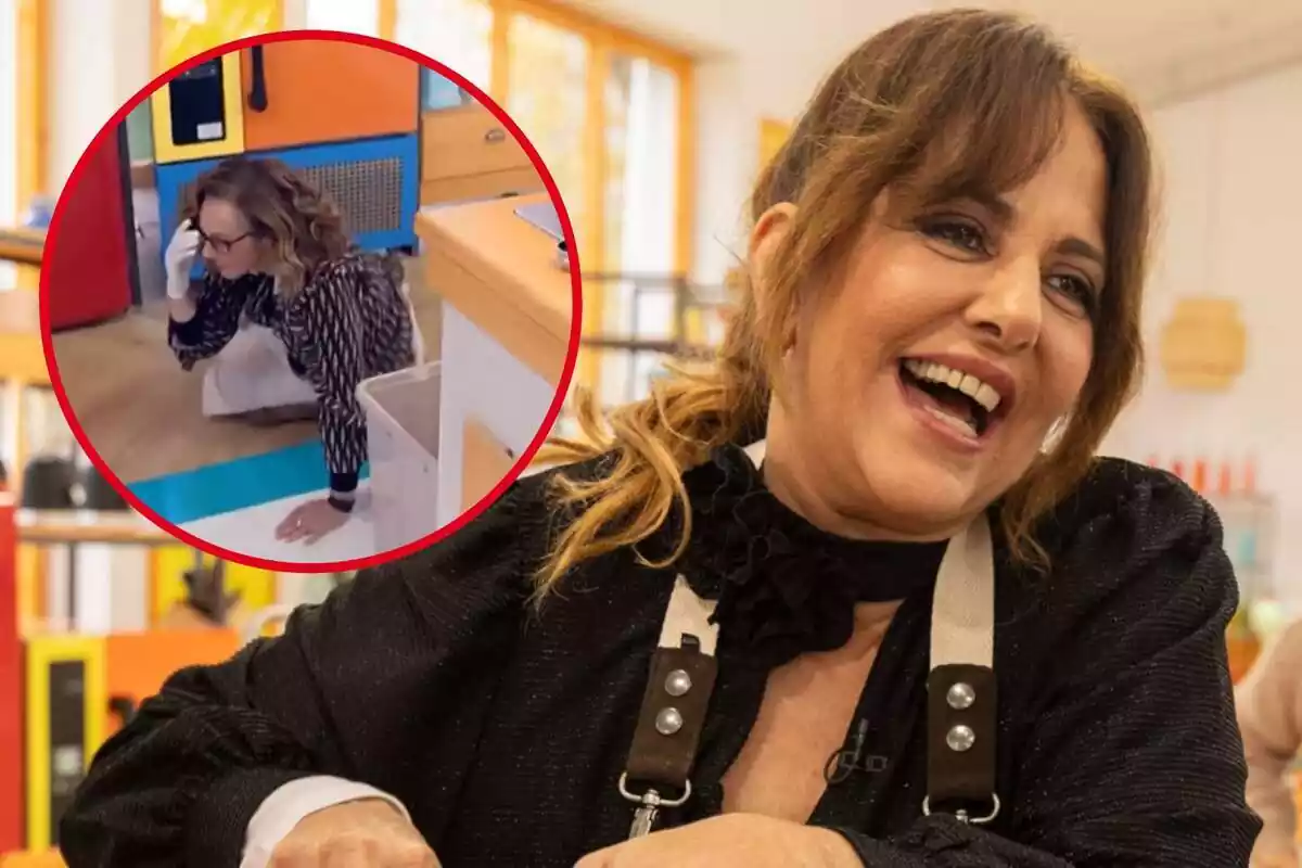 Montaje con captura de 'Bake Off: famosos al horno' con Yolanda Ramos riendo y Rocío Carrasco caída en el suelo con un guante