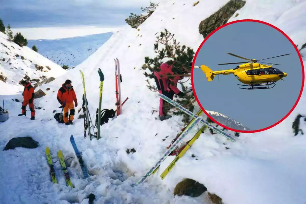 Montaje de equipo de rescate con esquís durante la tragedia en la montaña de Balandrau y círculo con helicóptero de rescate.