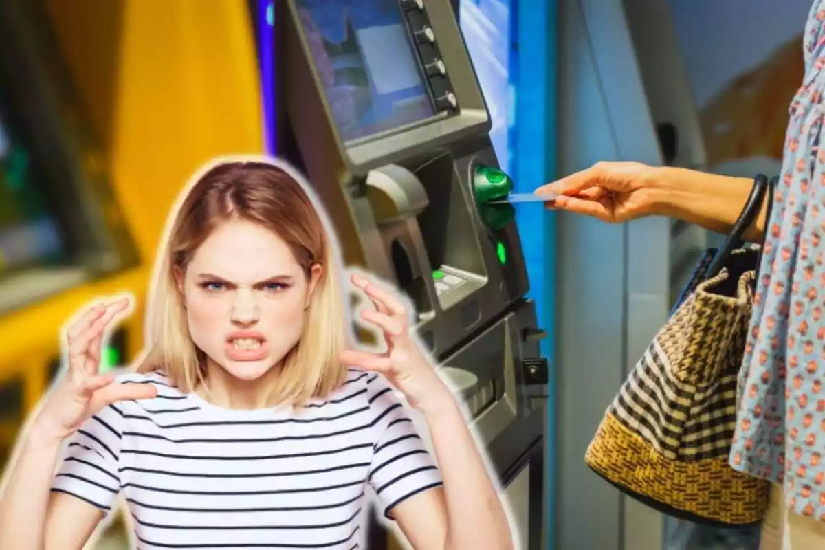 Una mujer introduce su tarjeta en un cajero bancario, y en primer plano aparece una mujer con gesto de enfado