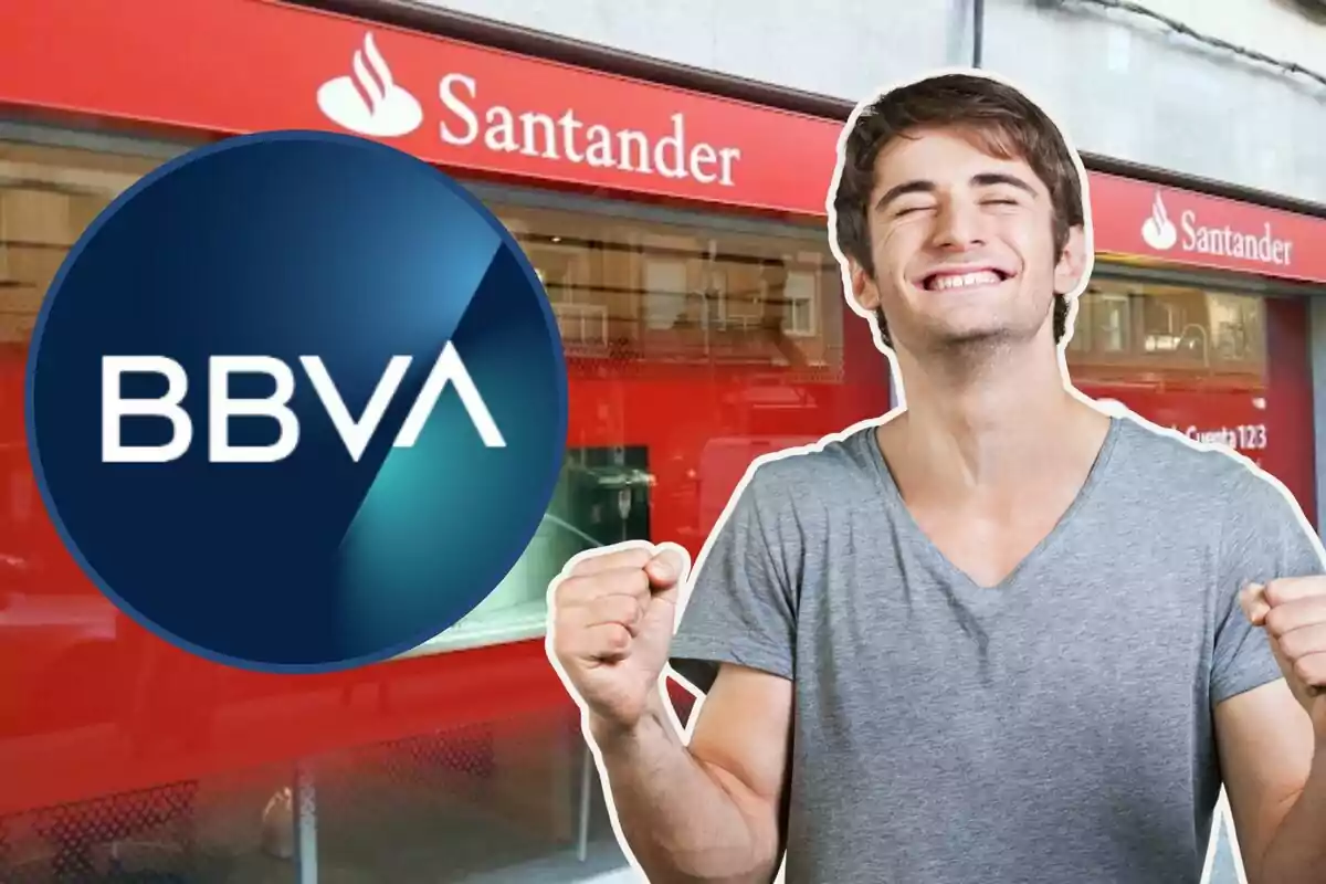 Hombre sonriente con fondo de banco Santander y logo de BBVA. Hombre sonriente con fondo de banco Santander y logo de BBVA.