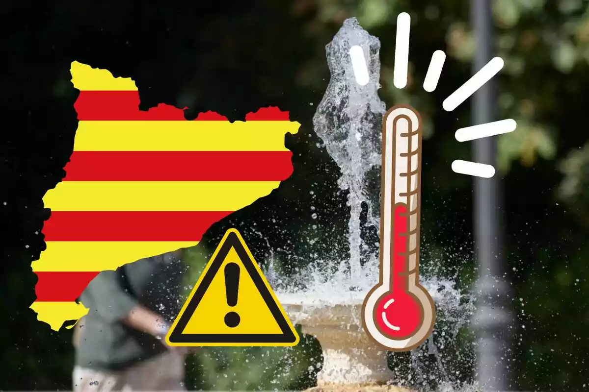 Mapa de Cataluña con franjas rojas y amarillas, un símbolo de advertencia y un termómetro indicando altas temperaturas junto a una fuente de agua.