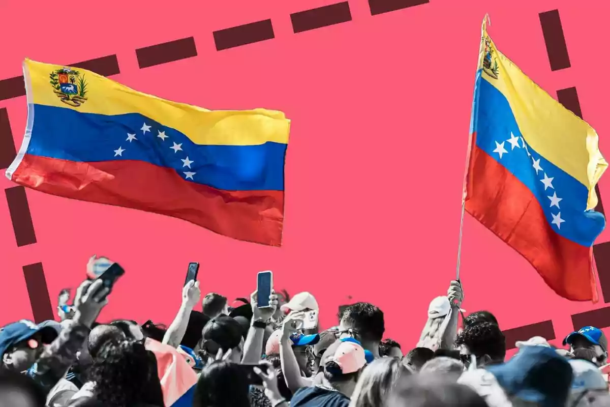 Personas sosteniendo banderas de Venezuela en un evento con fondo rosa.